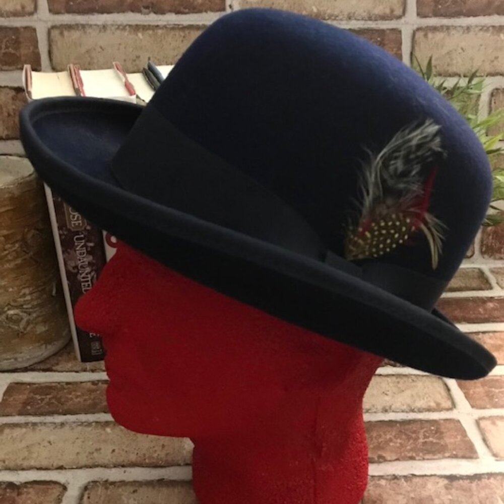 NEW MEN'S NAVY BLUE BOWLER WOOL DERBY HAT BY KENNY K W/ FEATHER HATBAND- MEDIUM